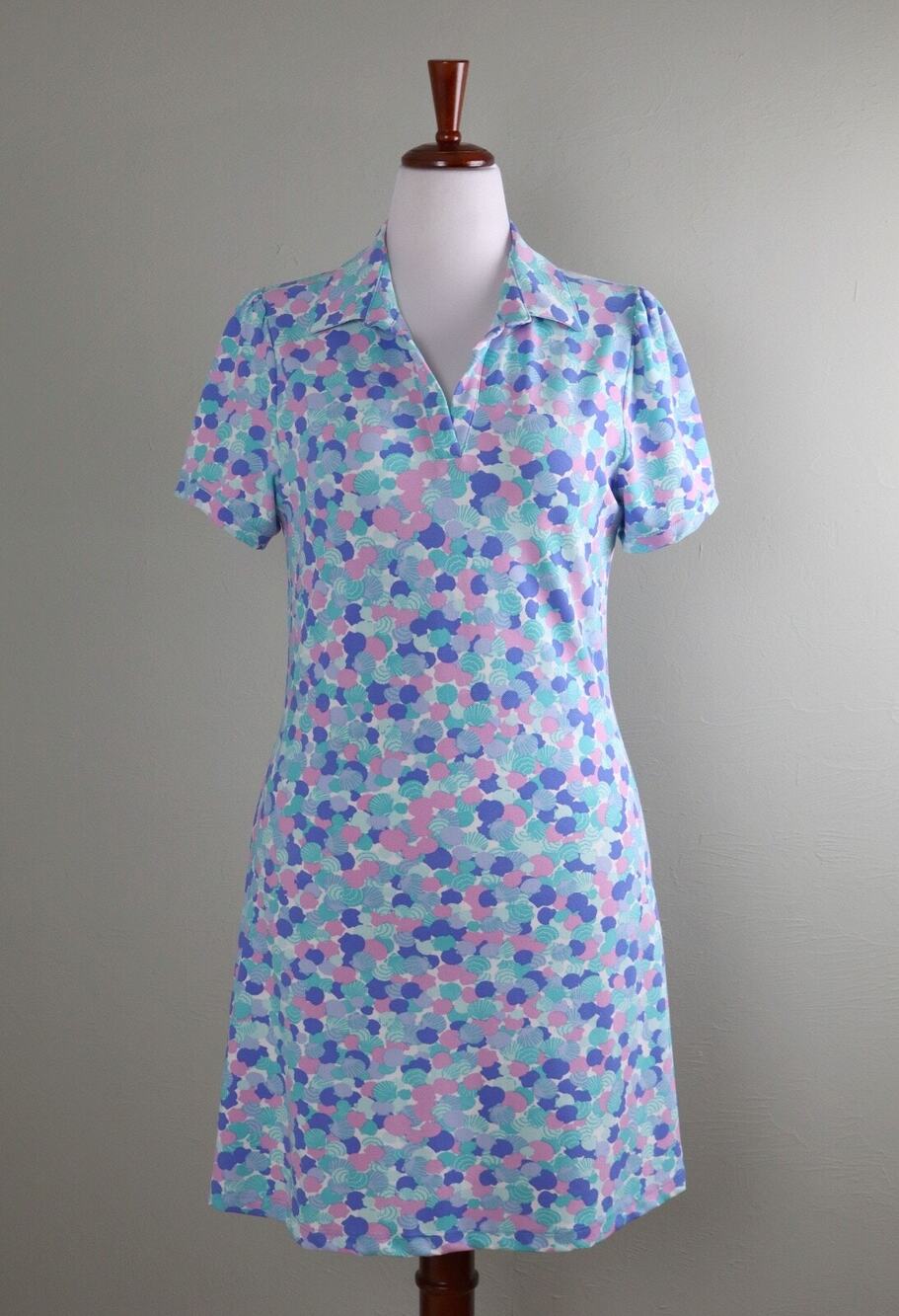MAHI GOLD Pique Pastel Seashell Print Polo Casual Shirt Dress Size Large
